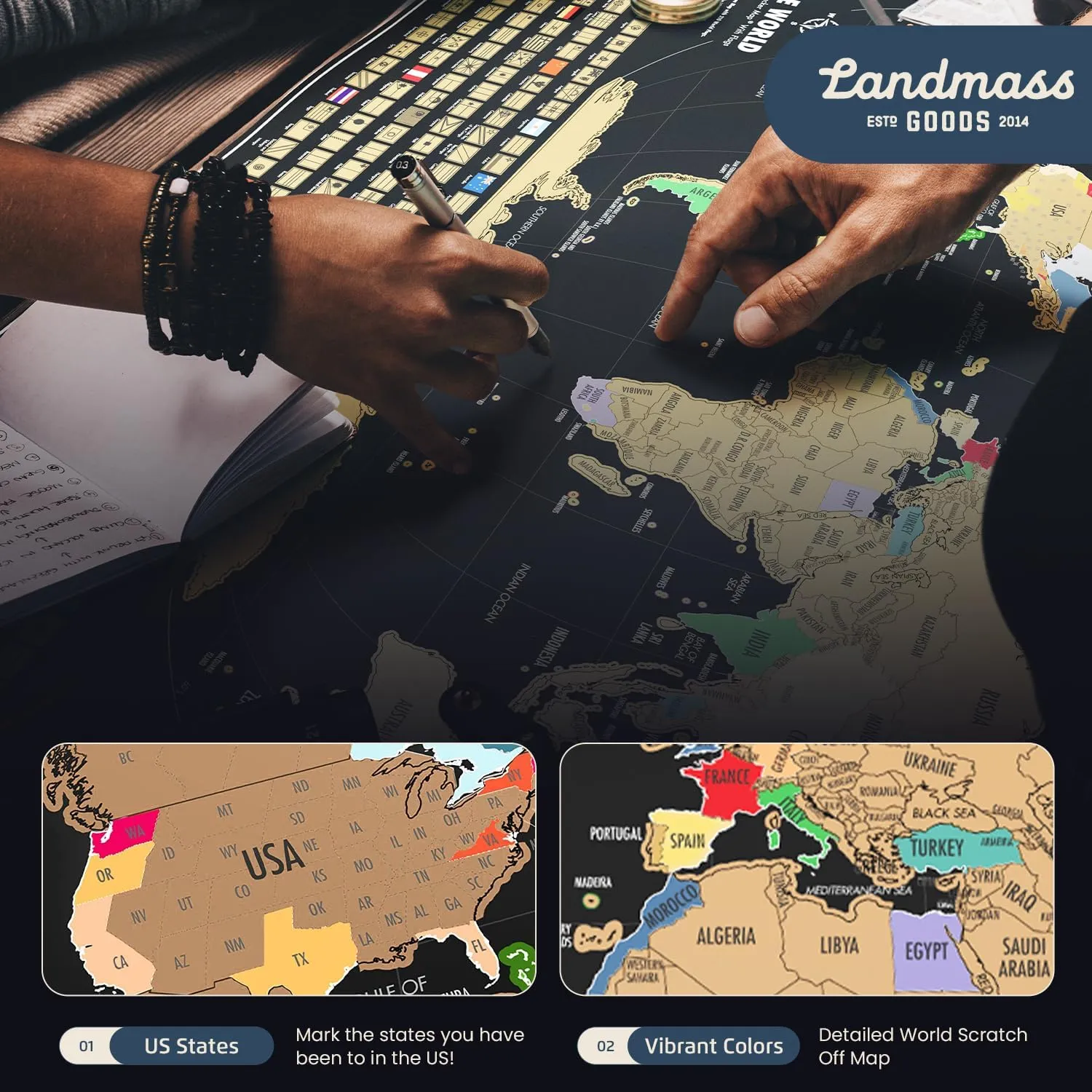 Landmass Scratch Off World Map, Deluxe Travel Tracker with Flags, Detailed Cartography, Gift Idea for Travelers, Wall Art, Home or Office Decor, 17x24 Inches