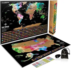 Landmass Scratch Off World Map Poster, Bonus USA Map Included, Track Your Travels with Flags, Detailed World and USA Map, Wall Art for Home or Office, Gift for Travelers and Adventurers, 24x17 Inches