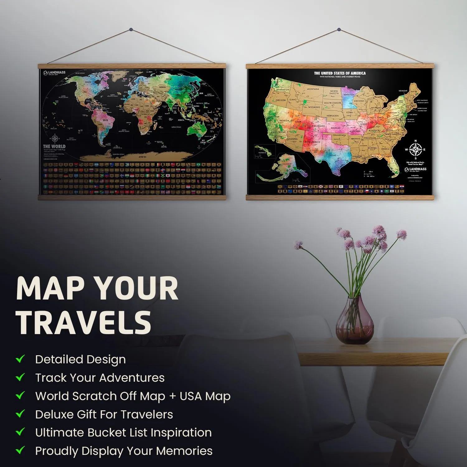 Landmass Scratch Off World Map Poster, Bonus USA Map Included, Track Your Travels with Flags, Detailed World and USA Map, Wall Art for Home or Office, Gift for Travelers and Adventurers, 24x17 Inches