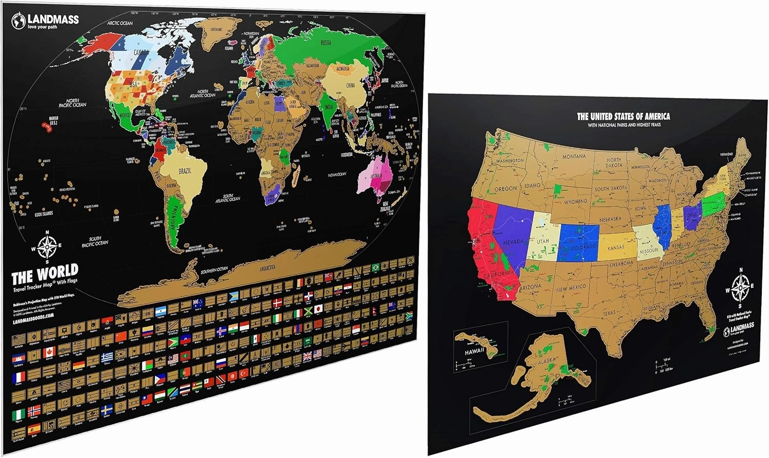 Landmass XL Deluxe Scratch Off Map Of The World Poster   Detailed Scratch Off Map Of The United States Print - USA Poster - US National Parks - State Capitals - Travel Wall Art - Gifts for Travelers