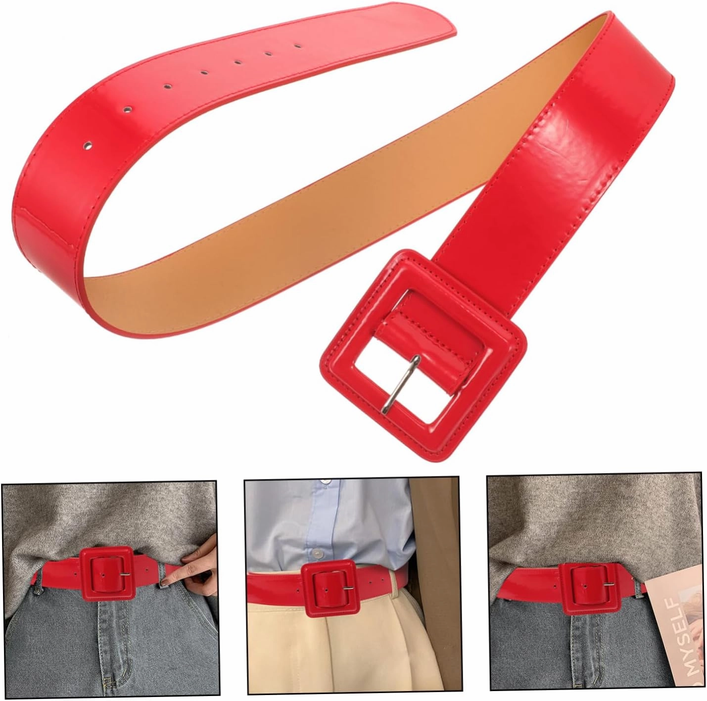 Leather Belt Women Patent Leather Belt Retro Wide Belts with Square Buckle Casual Ladies Belt for Jeans Dress