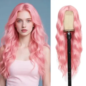 Light Pink Wig 26 Inch Long Wavy Wig for Women - Heat Resistant Synthetic Hair Middle Part Curly Wig Natural Look for Daily Party Cosplay Costume Use