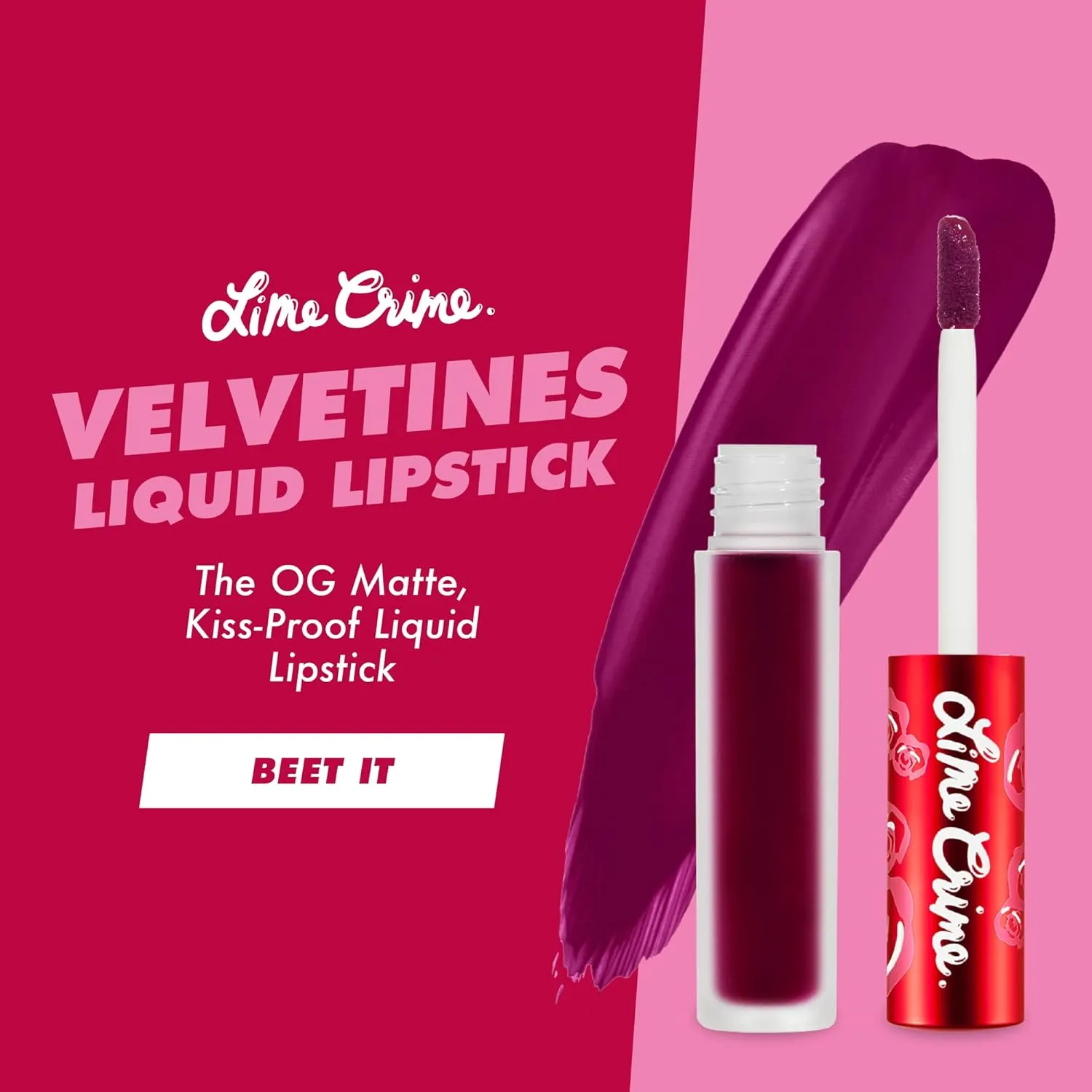 Lime Crime Velvetines Liquid Matte Lipstick, Beet It (Deep Berry Pink) - Bold, Long Lasting Shades & Lip Lining - Stellar Color & High Comfort for All-Day Wear - Talc-Free & Paraben-Free
