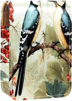 Lipstick Case Woodpecker Bird on Red Berries Branch Prints Mini Lipstick Holder Organizer Bag With Mirror for Purse Travel Cosmetic Pouch