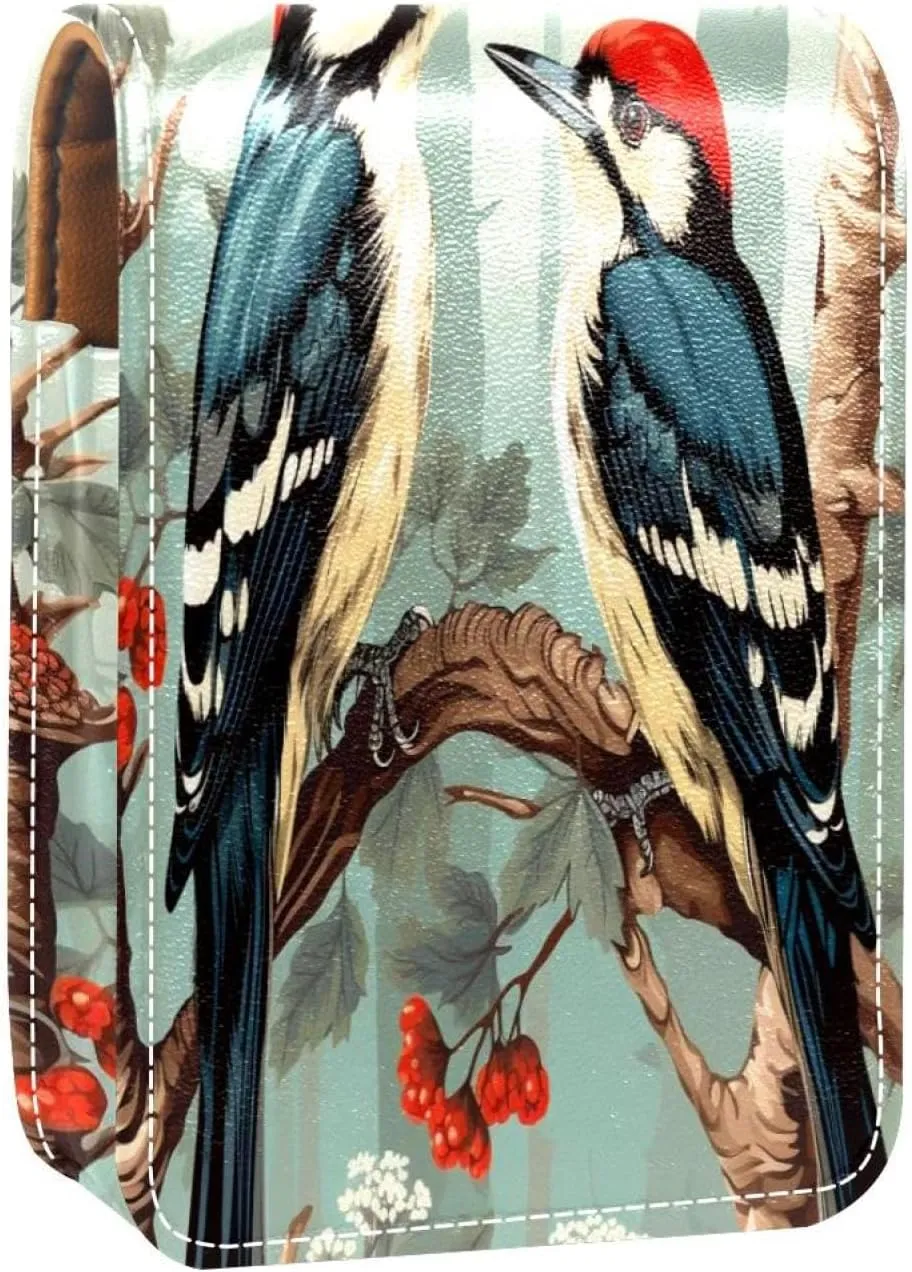 Lipstick Case Woodpecker Bird on Red Berries Branch Prints Mini Lipstick Holder Organizer Bag With Mirror for Purse Travel Cosmetic Pouch