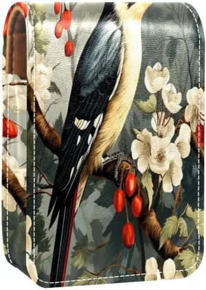 Lipstick Case Woodpecker Bird on Red Berries Branch Prints Mini Lipstick Holder Organizer Bag With Mirror for Purse Travel Cosmetic Pouch