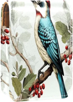 Lipstick Case Woodpecker Bird on Red Berries Branch Prints Mini Lipstick Holder Organizer Bag With Mirror for Purse Travel Cosmetic Pouch