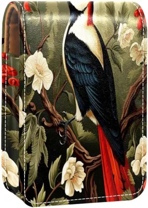 Lipstick Case Woodpecker Bird on Red Berries Branch Prints Mini Lipstick Holder Organizer Bag With Mirror for Purse Travel Cosmetic Pouch