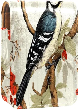 Lipstick Case Woodpecker Bird on Red Berries Branch Prints Mini Lipstick Holder Organizer Bag With Mirror for Purse Travel Cosmetic Pouch