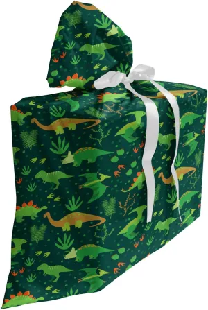 Lunarable Dinosaur Fabric Gift Bag, Prehistoric Jungle Cartoon Pattern with Various Dino Characters Green Dots Leaves, Present Sack for Parties Birthdays with 3 Ribbons, 27, Multicolor
