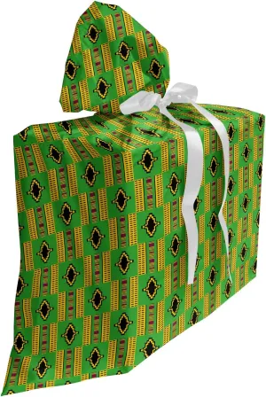 Lunarable Ghana Fabric Gift Bag, Traditional Kente Motif Cultural Country Colors Representative, Present Sack for Parties Birthdays with 3 Ribbons, 27, Fern Green Marigold