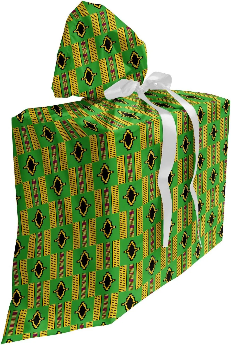 Lunarable Ghana Fabric Gift Bag, Traditional Kente Motif Cultural Country Colors Representative, Present Sack for Parties Birthdays with 3 Ribbons, 27, Fern Green Marigold