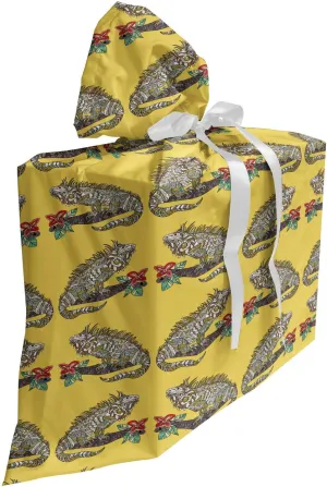 Lunarable Iguana Gift Bag, Repetition of Ornamental Lizard on Branch with Flower, Fabric Party Favor Pouch with 3 Ribbons, 27, Mustard Multicolor