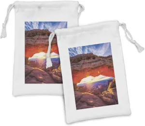 Lunarable National Park Fabric Pouch Set of 2, Archway Curvature Immense Bedrock Sun Rays Sliding the Arch Glistening, Small Drawstring Bag for Toiletries Masks and Favors, 9" x 6", Multicolor