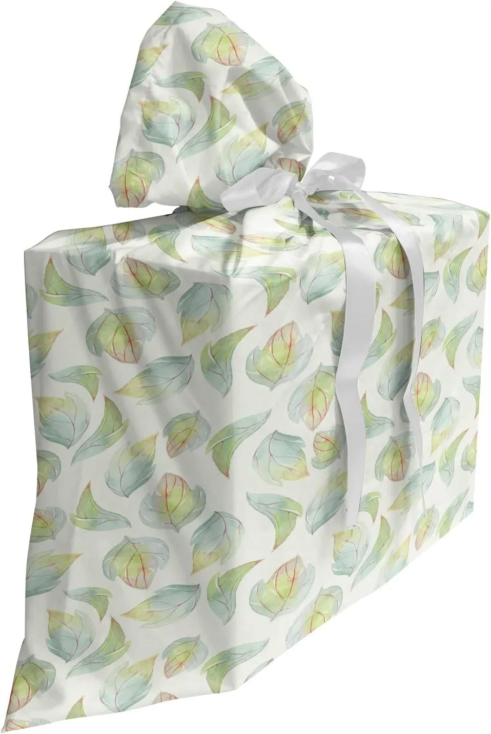 Lunarable Nature Fabric Gift Bag, Abstract Fall Autumn Time Inspired Flower Leaves Veins Art Image, Present Sack for Parties Birthdays with 3 Ribbons, 27, Seafoam Pale Green Cream