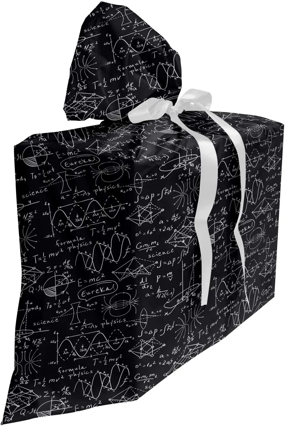 Lunarable Science Gift Bag, Scientific Calculation Monochrome Arrangement with Hand Drawn Doodle Formulas, Fabric Party Favor Pouch with 3 Ribbons, 27, Black and White