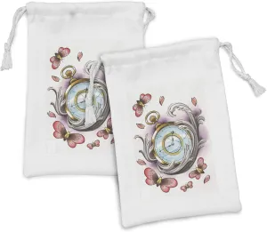 Lunarable Trippy Art Fabric Pouch Set of 2, Nostalgic Pocket Watch with Butterflies and Wings Hour Time Life Pace Print, Small Drawstring Bag for Toiletries Masks and Favors, 9" x 6", Pink and Grey