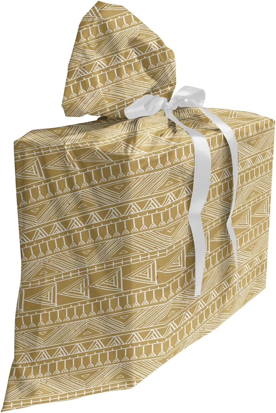 Lunarable Vintage Tribal Gift Bag, Prehistoric Retro Aztec Triangles in Earthy Tones Illustration, Fabric Party Favor Pouch with 3 Ribbons, 27, Dark Mustard and White