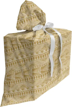 Lunarable Vintage Tribal Gift Bag, Prehistoric Retro Aztec Triangles in Earthy Tones Illustration, Fabric Party Favor Pouch with 3 Ribbons, 27, Dark Mustard and White