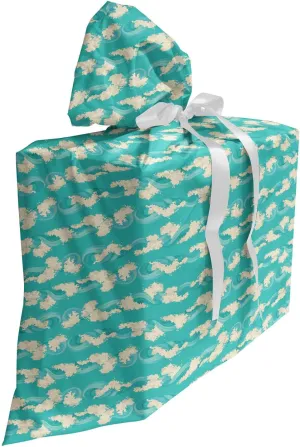 Lunarable Waves Fabric Gift Bag, Style Ocean Pattern Freedom Retro Freshness Poetic Illustration, Present Sack for Parties Birthdays with 3 Ribbons, 27, Turquoise and Cream