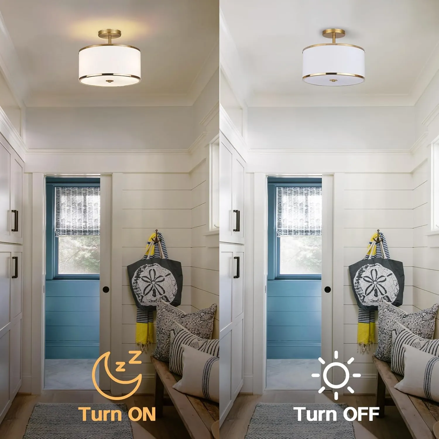 Luxury Semi Flush Mount Ceiling Light, 3-Light Drum Lamp with Gold Brass Finish and Fabric Shade, Ideal for Bedroom, Kitchen, Dining Room, Hallway, Entryway, and Foyer, 12.6"