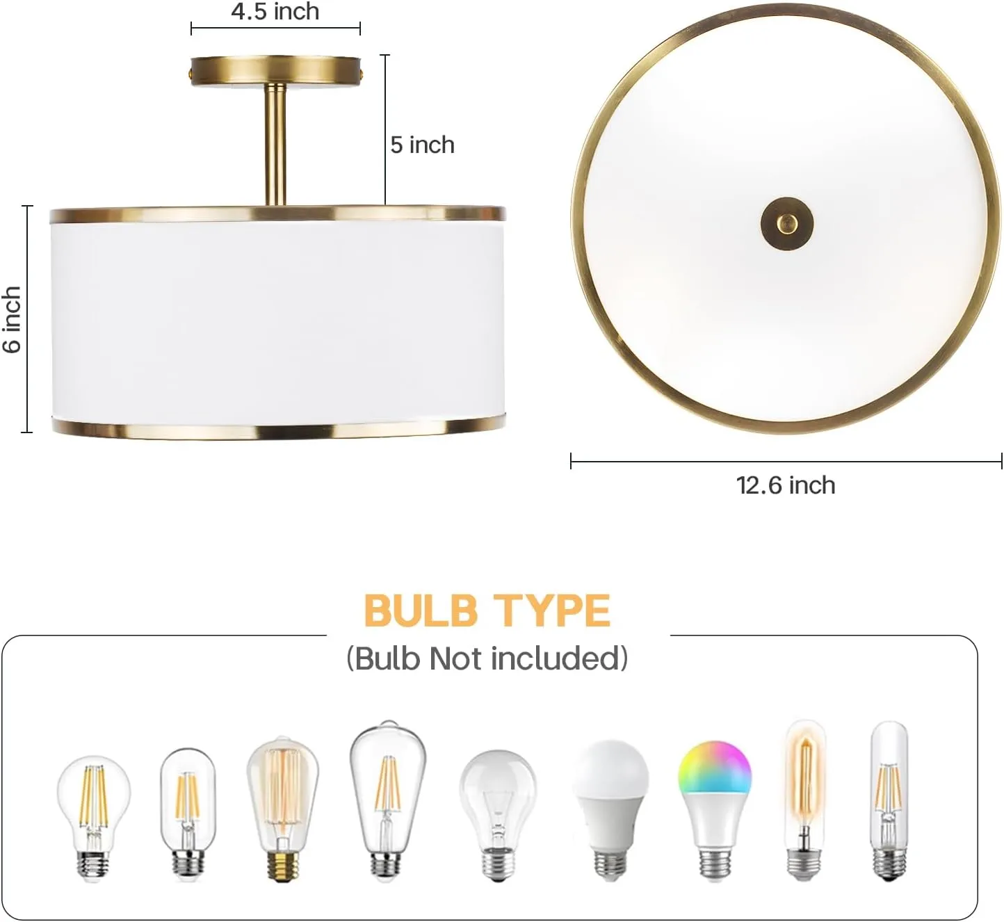 Luxury Semi Flush Mount Ceiling Light, 3-Light Drum Lamp with Gold Brass Finish and Fabric Shade, Ideal for Bedroom, Kitchen, Dining Room, Hallway, Entryway, and Foyer, 12.6"
