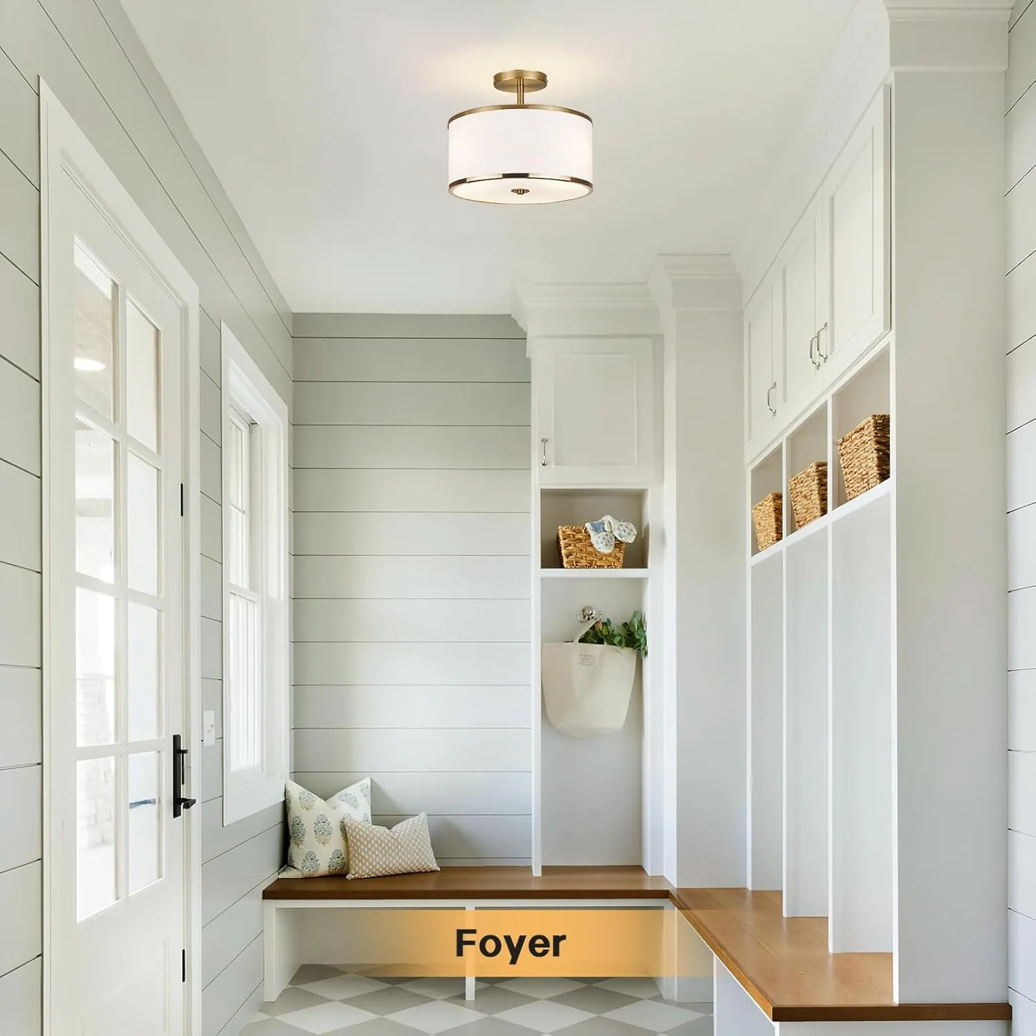 Luxury Semi Flush Mount Ceiling Light, 3-Light Drum Lamp with Gold Brass Finish and Fabric Shade, Ideal for Bedroom, Kitchen, Dining Room, Hallway, Entryway, and Foyer, 12.6"