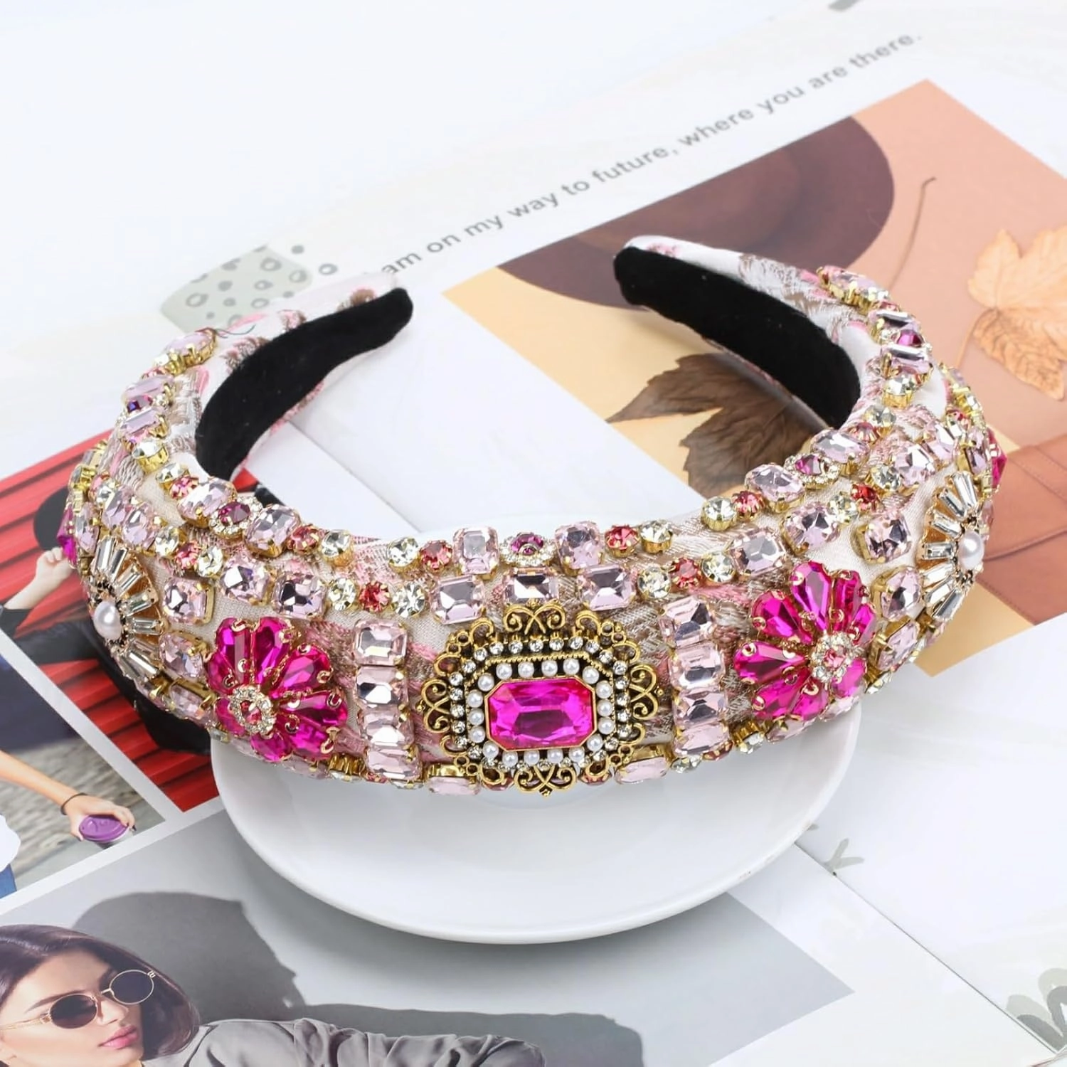 Luxury Baroque Big Wide Crystal Headband for Women Pearl Rhinestone Bead Decorative Hairband Jeweled Head Hoop Party Accessories (HDDY1077-pink)