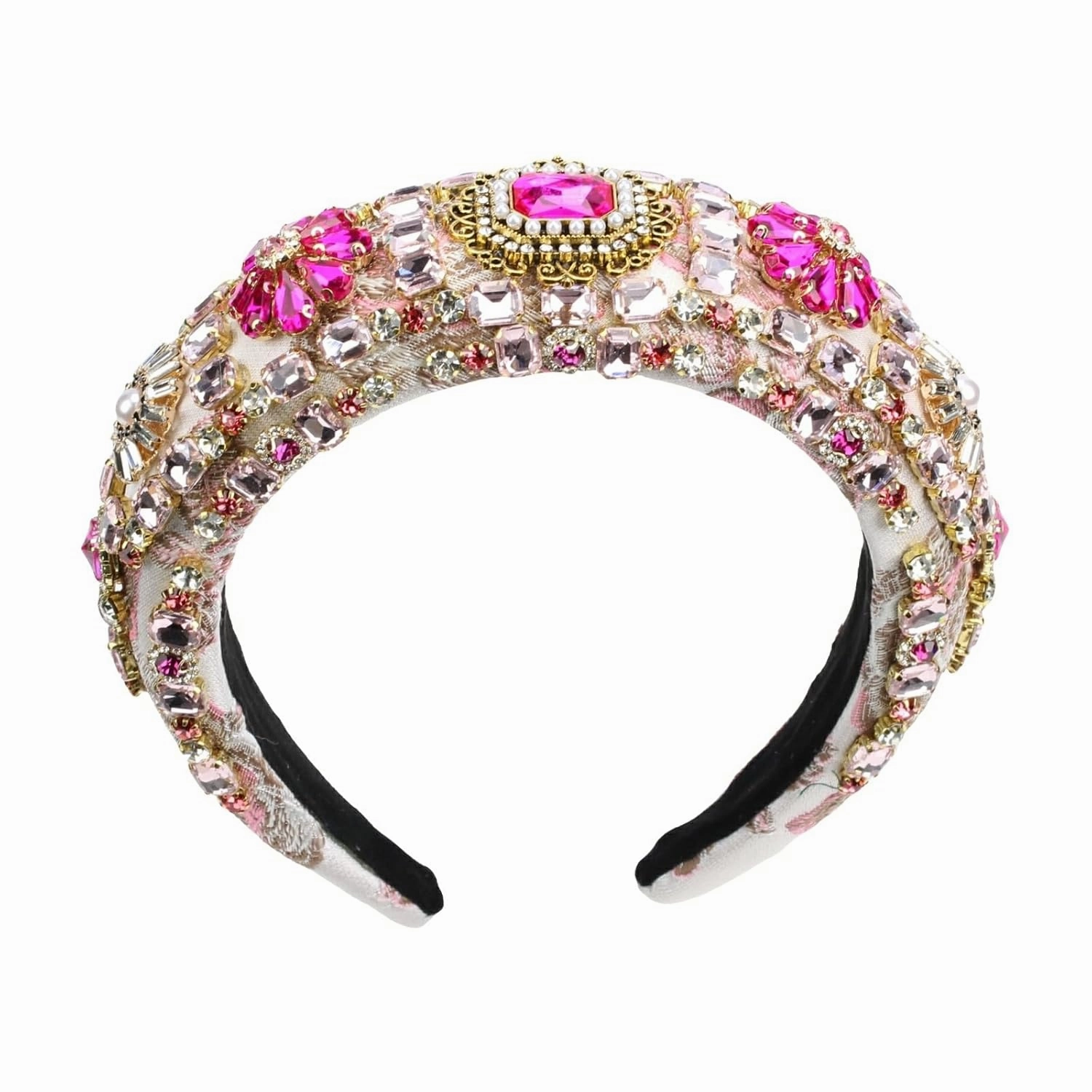Luxury Baroque Big Wide Crystal Headband for Women Pearl Rhinestone Bead Decorative Hairband Jeweled Head Hoop Party Accessories (HDDY1077-pink)