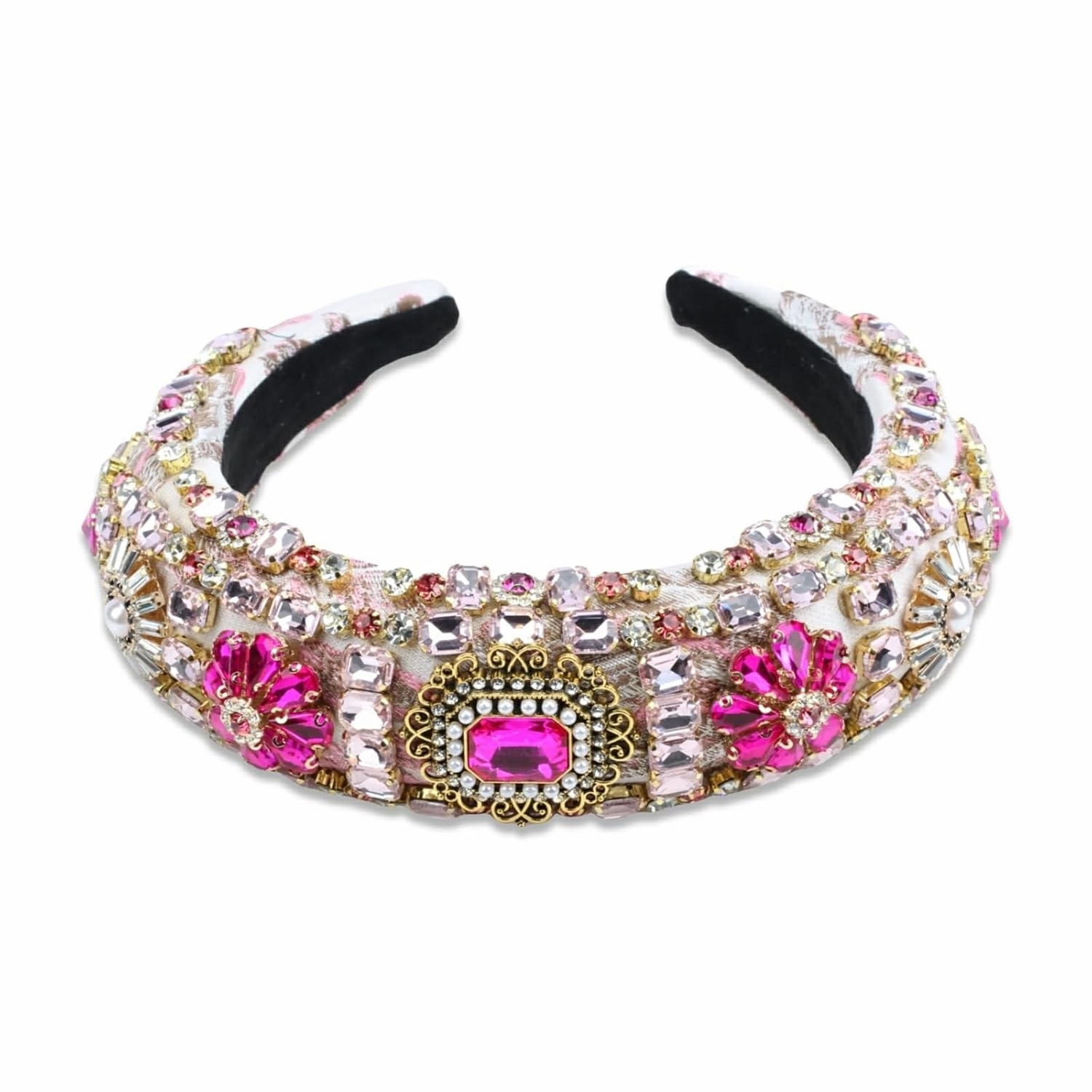 Luxury Baroque Big Wide Crystal Headband for Women Pearl Rhinestone Bead Decorative Hairband Jeweled Head Hoop Party Accessories (HDDY1077-pink)