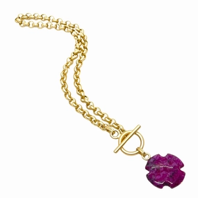 Magenta Aqua Terra Jasper Cross On Matte Gold Rolo Chain