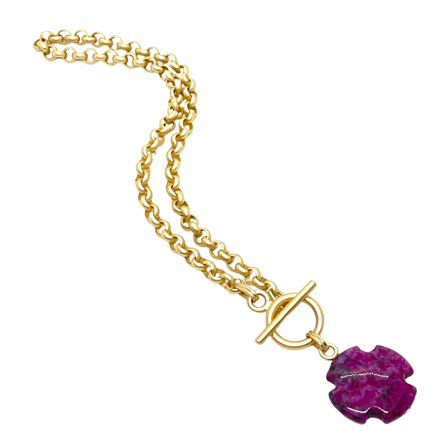 Magenta Aqua Terra Jasper Cross On Matte Gold Rolo Chain