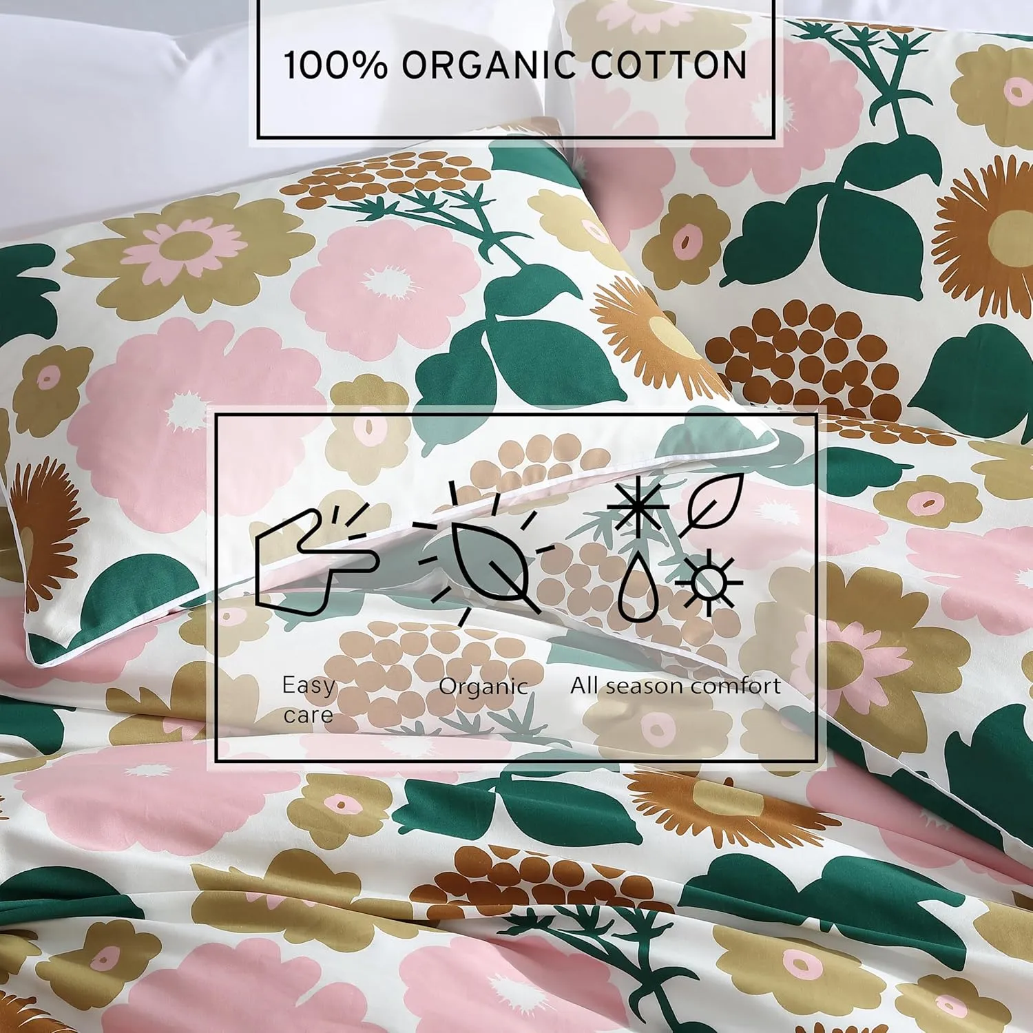 Marimekko - Queen Duvet Cover Set, Organic Cotton Bedding with Matching Shams, Bold Floral Home Decor, GOTS Certified (Pieni Kukkatori Pink, Queen)