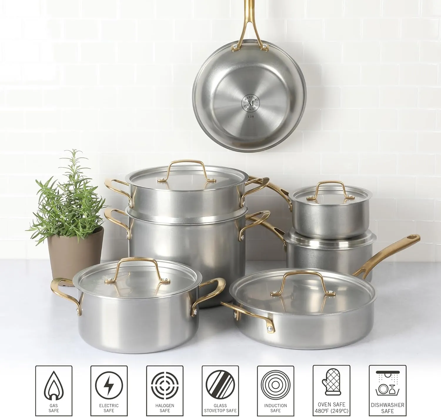 MARTHA STEWART Vintage 18/8 Triply Stainless Steel 12 Piece Cookware Set w/Gold Handles