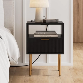 Masupu Nightstand with Charging Station,Mid-Century Modern Bedside Table with Storage Drawer and Open Wood Shelf,Small Gold Frame Side Table for Bedroom,Living Room (Black)