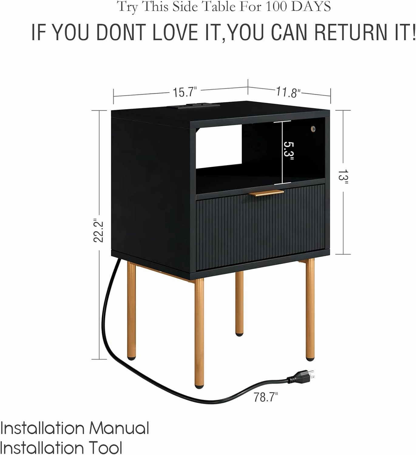 Masupu Nightstand with Charging Station,Mid-Century Modern Bedside Table with Storage Drawer and Open Wood Shelf,Small Gold Frame Side Table for Bedroom,Living Room (Black)