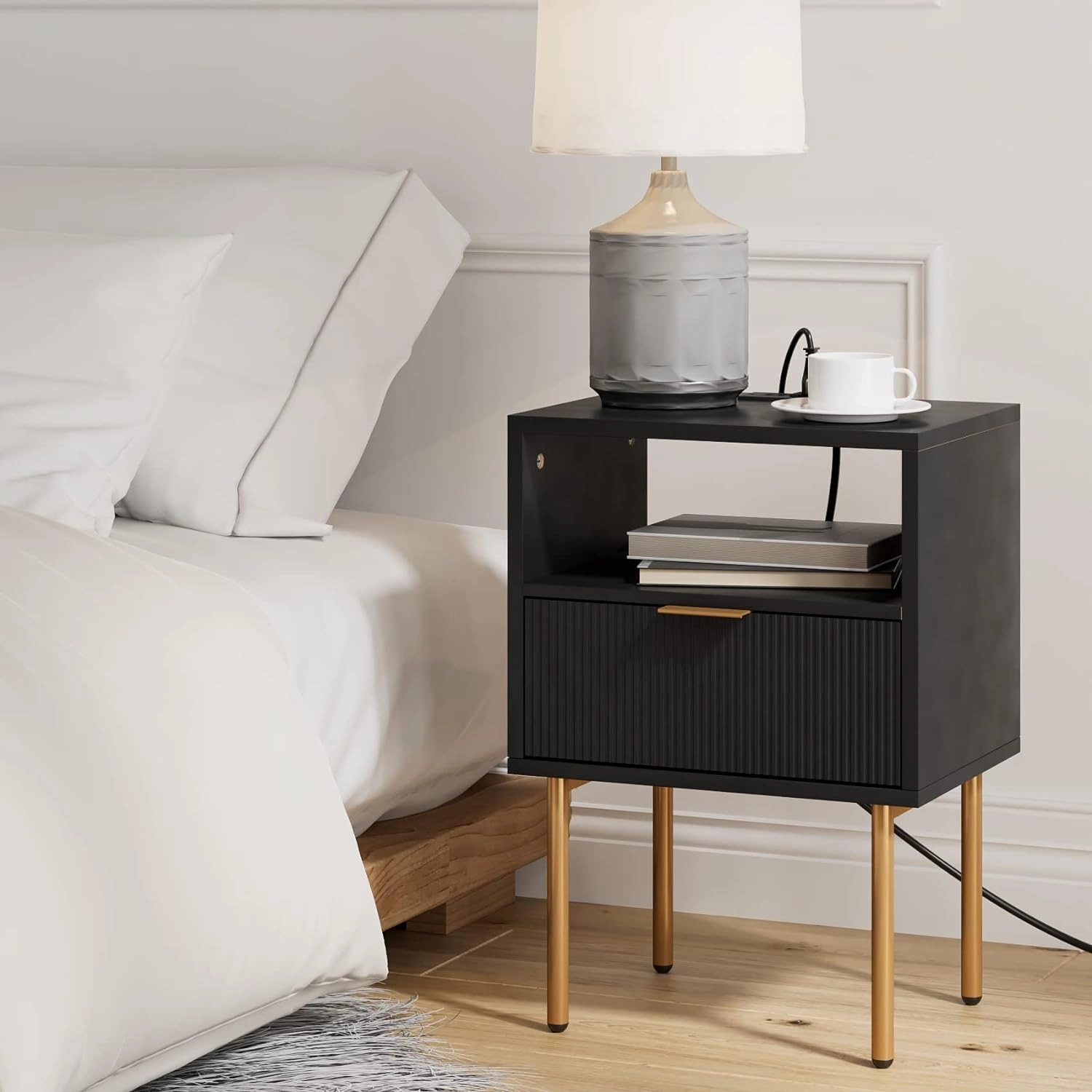 Masupu Nightstand with Charging Station,Mid-Century Modern Bedside Table with Storage Drawer and Open Wood Shelf,Small Gold Frame Side Table for Bedroom,Living Room (Black)