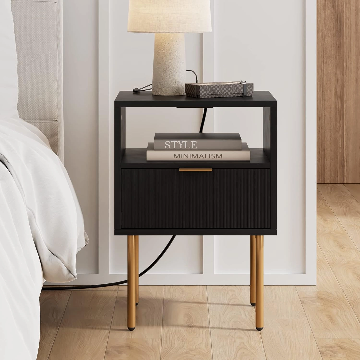 Masupu Nightstand with Charging Station,Mid-Century Modern Bedside Table with Storage Drawer and Open Wood Shelf,Small Gold Frame Side Table for Bedroom,Living Room (Black)