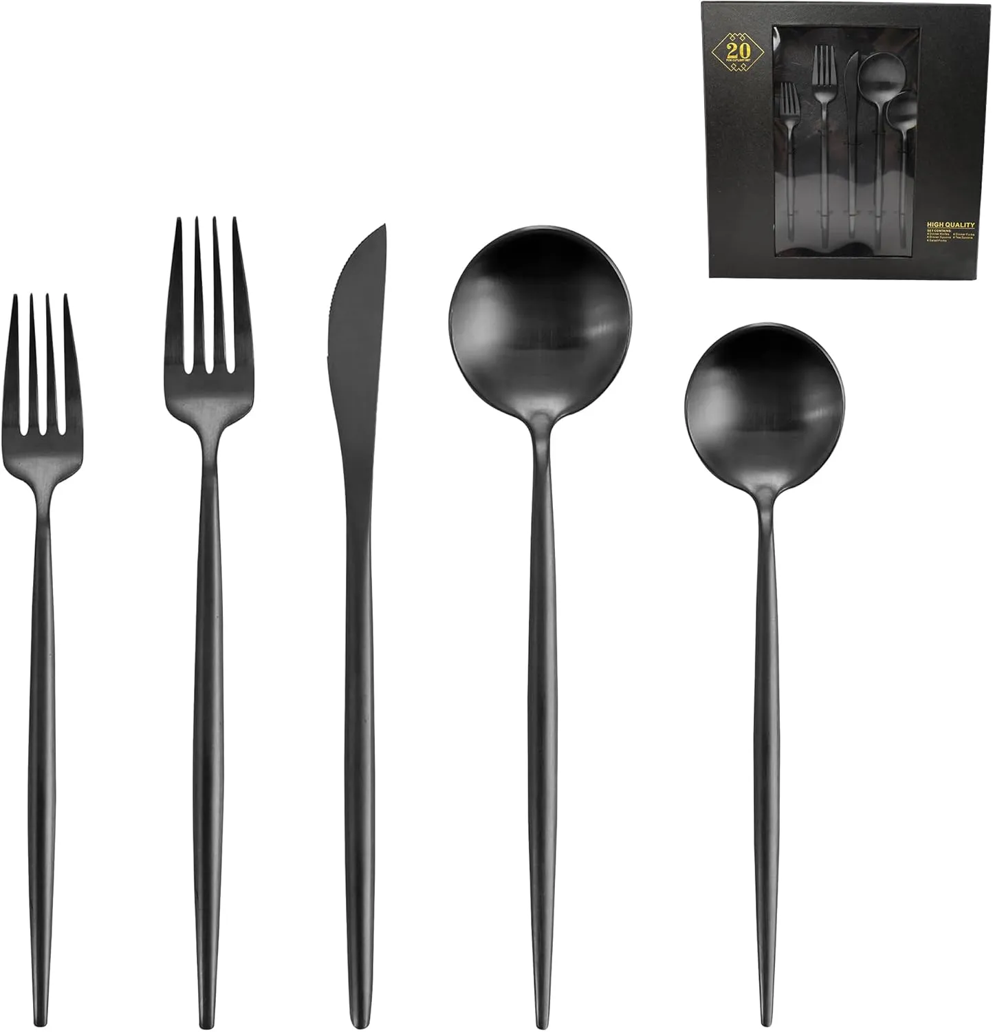 Matte Black Silverware Set for 4, 20 Pieces Stainless Steel Flatware Set，Kitchen Utensil Set, Tableware Cutlery Set, Knife Spoons And Forks Set, Satin Finished, Nice Gift Box