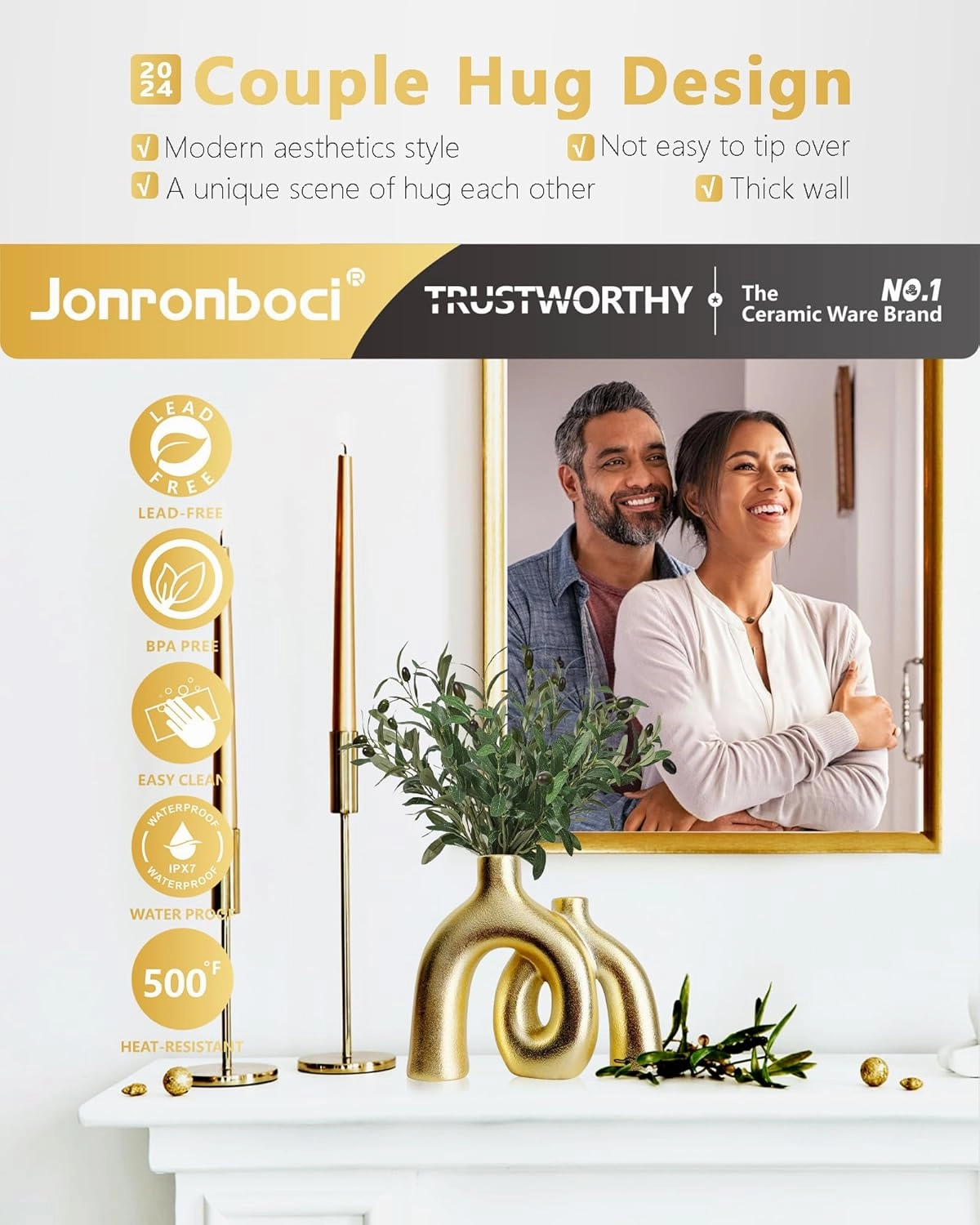 Matte Gold Vase Set - Hug Hollow Donut Aesthetic Ceramic Vases Home Decor, Modern Decorative Vase for Table Centerpiece Living Room Bookshelf Office Entryway Console Fireplace(Gold)