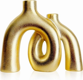 Matte Gold Vase Set - Hug Hollow Donut Aesthetic Ceramic Vases Home Decor, Modern Decorative Vase for Table Centerpiece Living Room Bookshelf Office Entryway Console Fireplace(Gold)