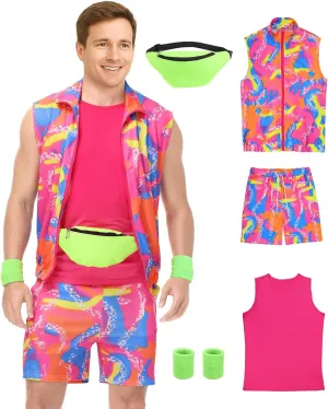 Mens 80s Workout Costume 90s Outfit for Men - Retro Neon 5 Piece Halloween Cosplay Couples Costume Set