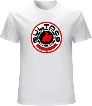 Men's Bultaco Red Retro Round Style Motorcycle Printed T Shirt White