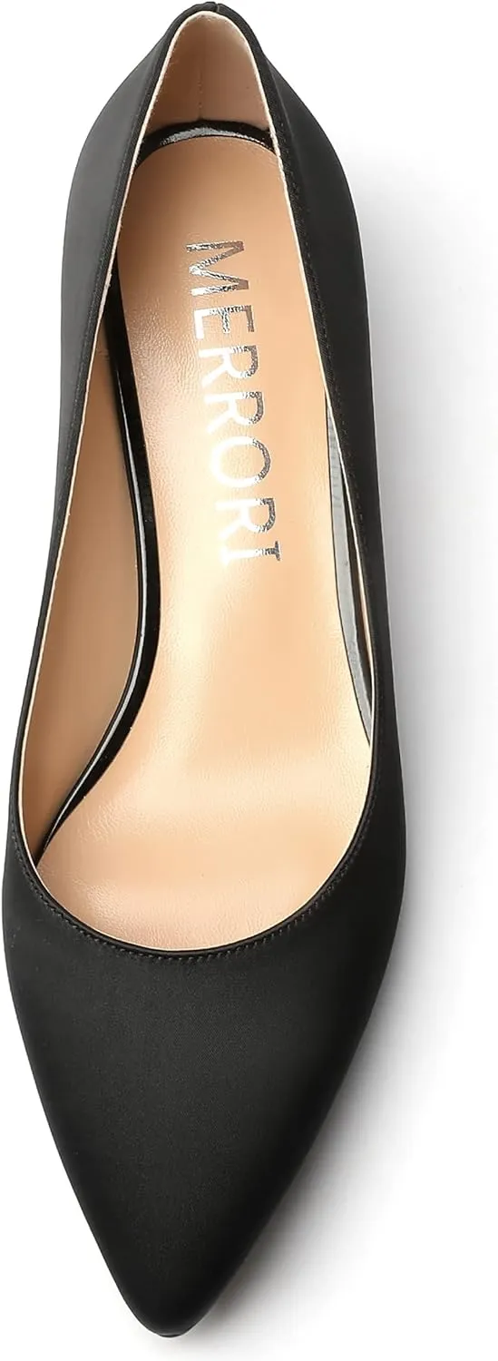 MERRORI Women's Slip On Pointed Toe Satin Dress Shoes Kitten Low Heel Pumps Shoes 1.5 Inch