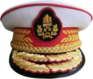 Military Style Ceremonial Dress Cap with Gold Embroidered Insignia, White and Red (US, Numeric, 7, White)