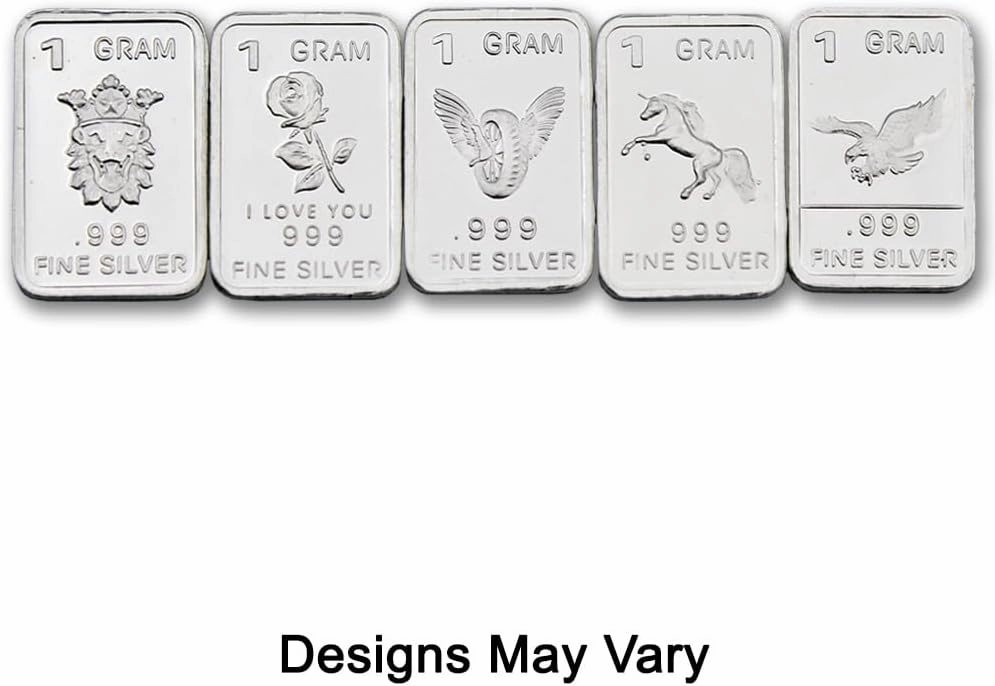 MINT STATE GOLD Ten (10) One Gram .999 Pure Silver Bars with Random Designs in a Jewelry Pouch