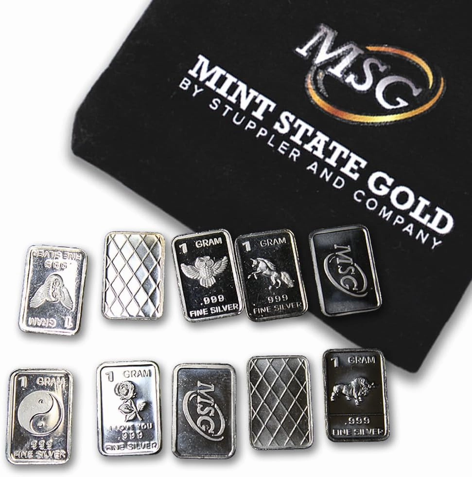 MINT STATE GOLD Ten (10) One Gram .999 Pure Silver Bars with Random Designs in a Jewelry Pouch