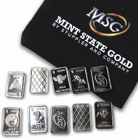 MINT STATE GOLD Ten (10) One Gram .999 Pure Silver Bars with Random Designs in a Jewelry Pouch