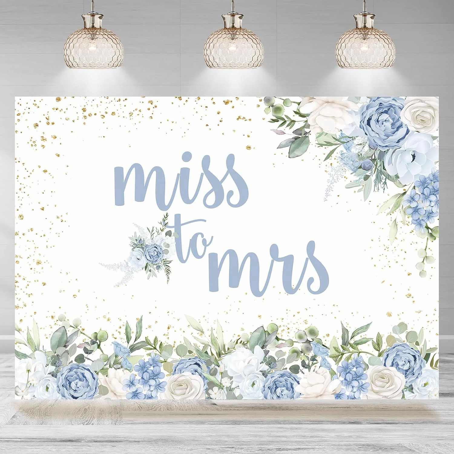 Miss to Mrs Backdrop Blue Floral Gold Dots Bridal Shower Photography Background Bride to Be Wedding Engagement Party Cake Table Decorations Supplies Favors Banner Photo Booth Props 7x5ft