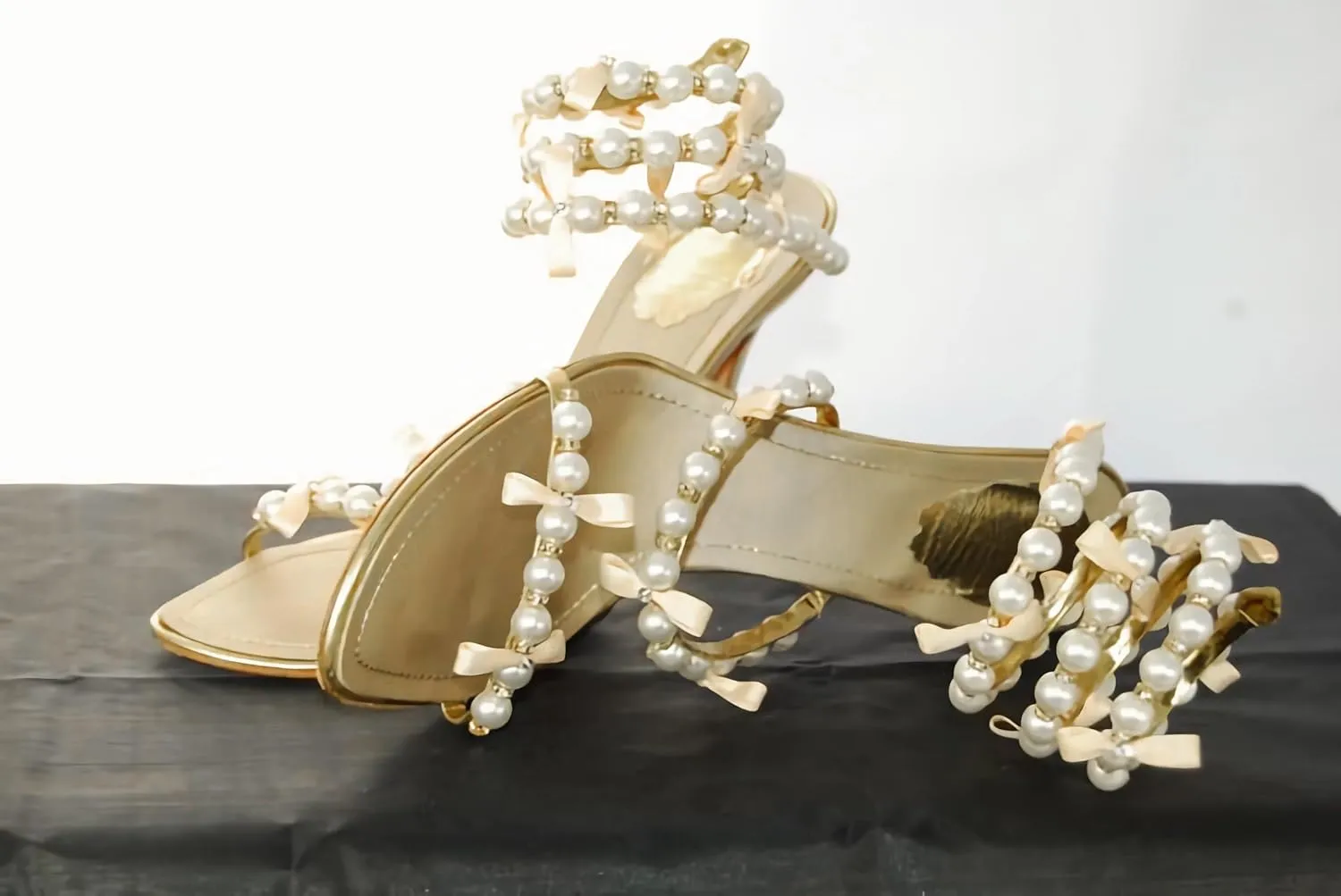 MissHeel Pearl Spiral Strap Heels with Cute Pink Bows